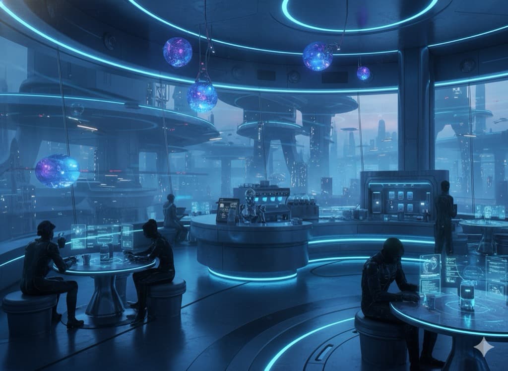 Imagen generada con Nano Banana — cafetería futurista
